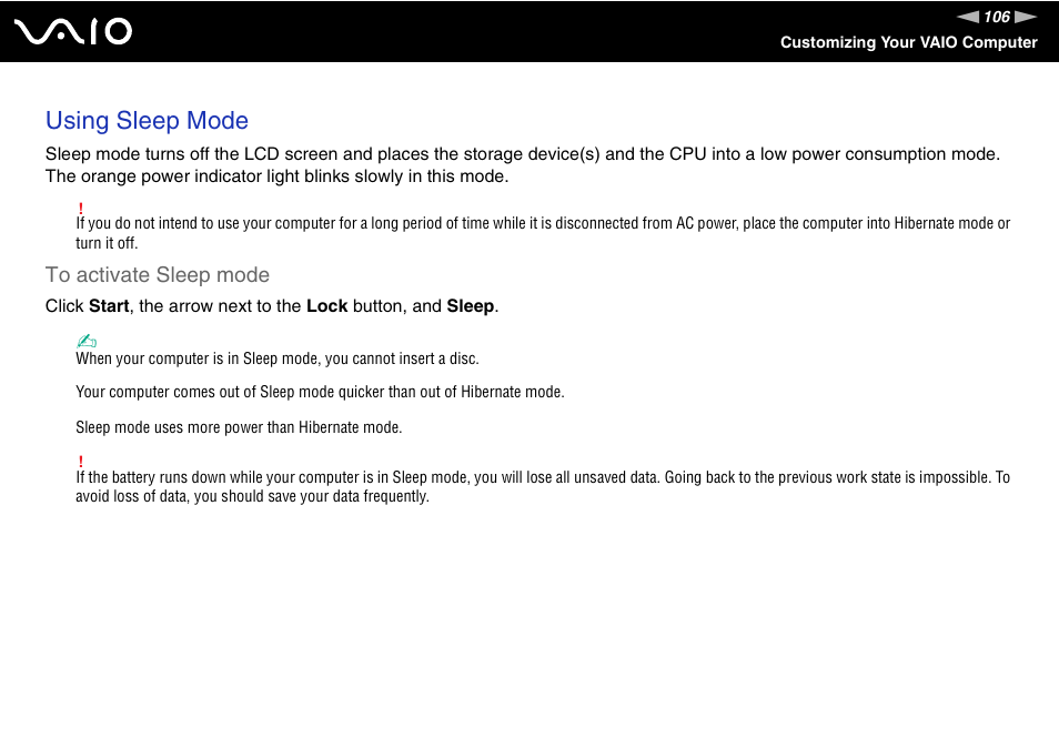 Using sleep mode | Sony VGN-CS118E User Manual | Page 106 / 193