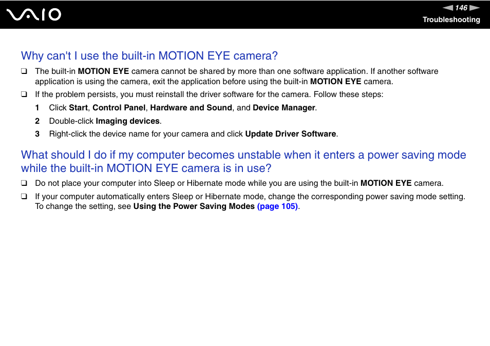 Why can't i use the built-in motion eye camera | Sony VGN-CS118E User Manual | Page 146 / 193