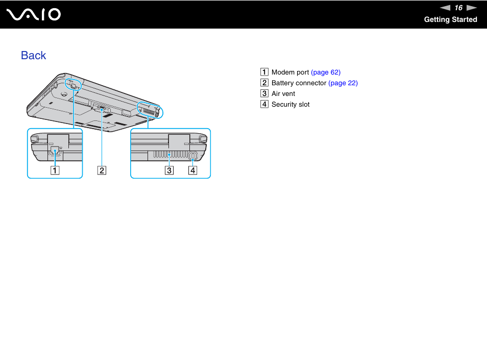 Back | Sony VGN-CS118E User Manual | Page 16 / 193