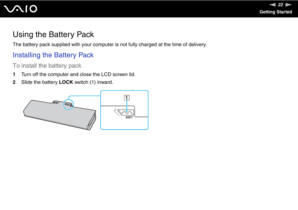 Using the battery pack, Installing the battery pack | Sony VGN-CS118E User Manual | Page 22 / 193