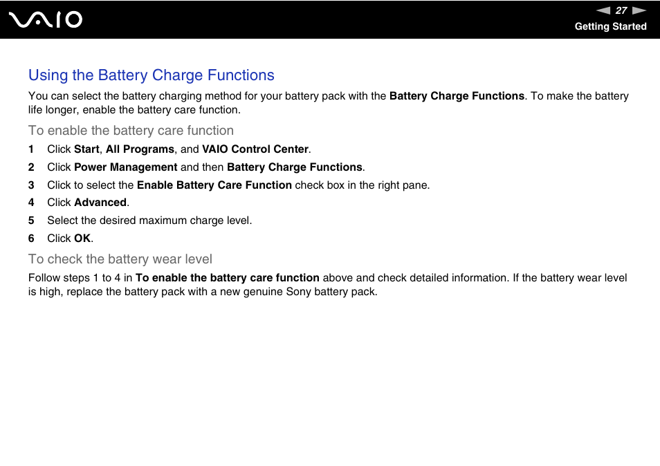 Using the battery charge functions | Sony VGN-CS118E User Manual | Page 27 / 193