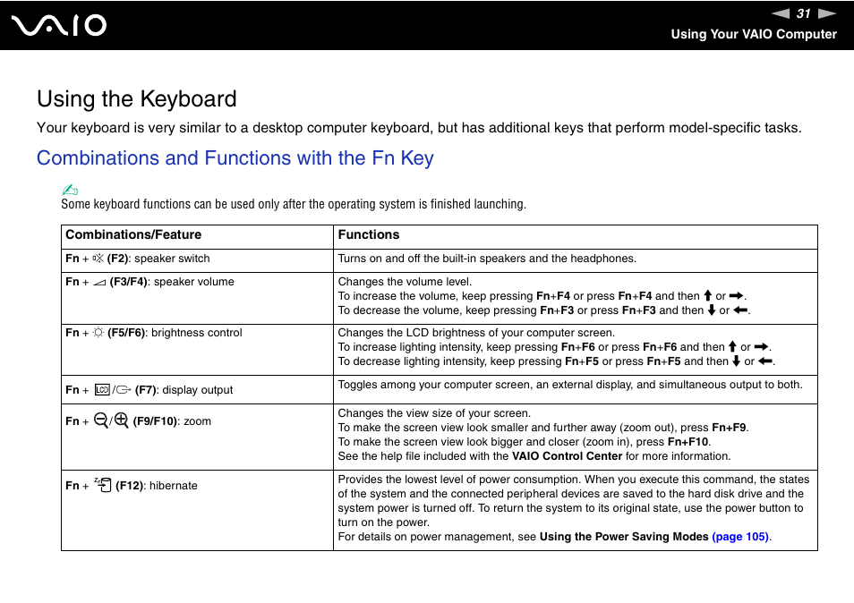 Using the keyboard, Combinations and functions with the fn key | Sony VGN-CS118E User Manual | Page 31 / 193