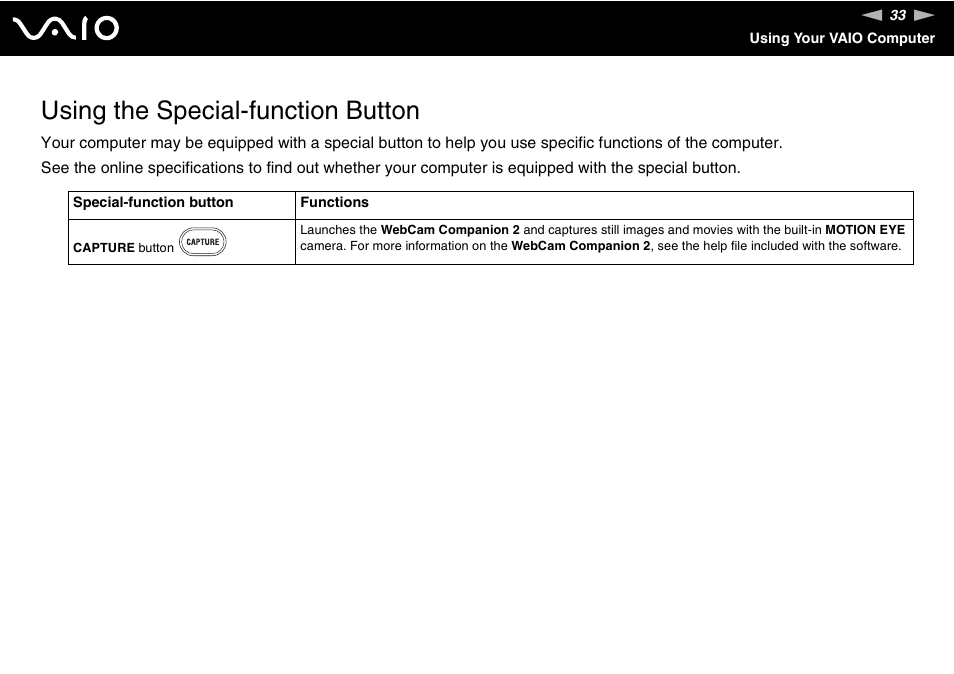 Using the special-function button | Sony VGN-CS118E User Manual | Page 33 / 193