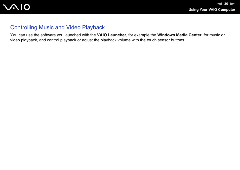 Controlling music and video playback | Sony VGN-CS118E User Manual | Page 35 / 193