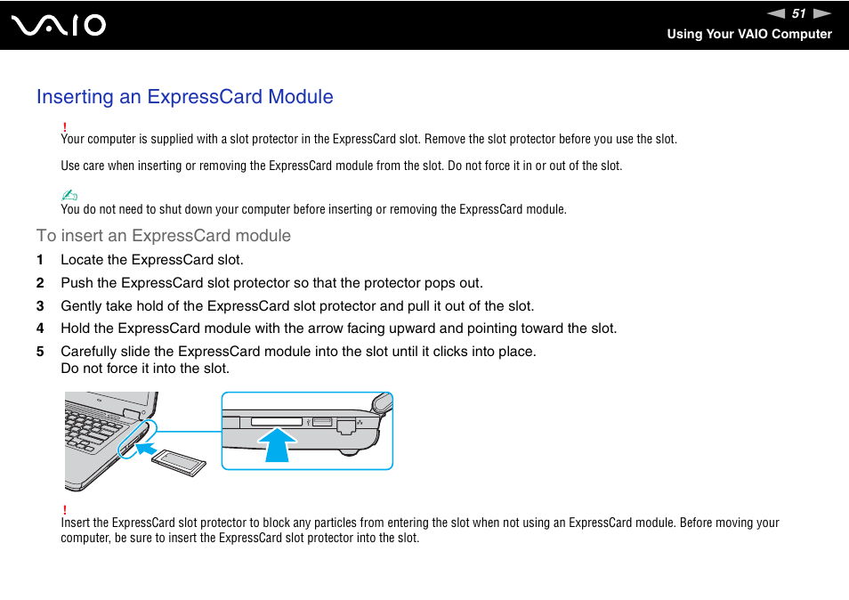 Inserting an expresscard module | Sony VGN-CS118E User Manual | Page 51 / 193