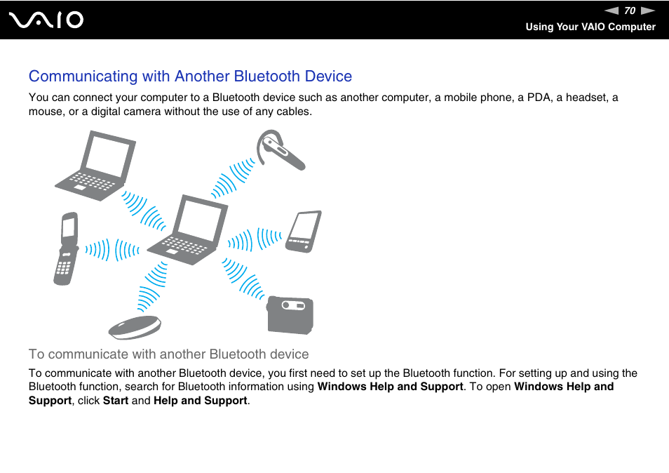 Communicating with another bluetooth device | Sony VGN-CS118E User Manual | Page 70 / 193