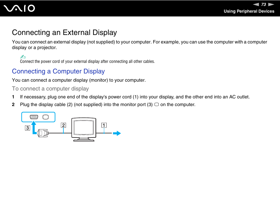 Connecting an external display, Connecting a computer display | Sony VGN-CS118E User Manual | Page 73 / 193