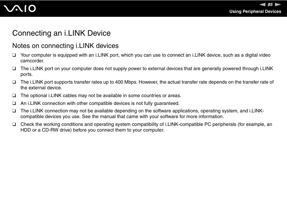 Connecting an i.link device | Sony VGN-CS118E User Manual | Page 85 / 193