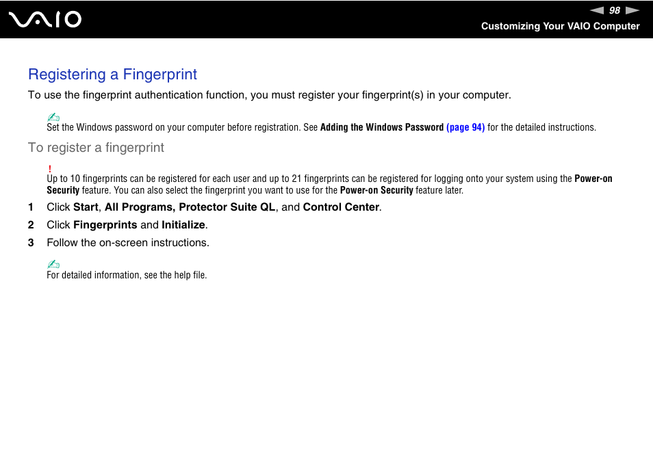 Registering a fingerprint | Sony VGN-CS118E User Manual | Page 98 / 193