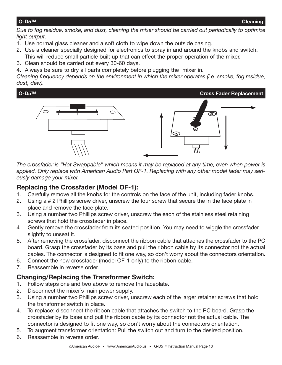 Replacing the crossfader (model of-1), Changing/replacing the transformer switch | American Audio 4295 User Manual | Page 13 / 16