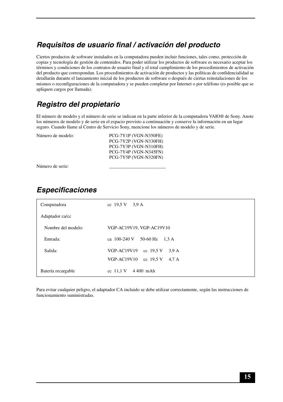 Registro del propietario, Especificaciones | Sony VGN-N350N User Manual | Page 15 / 20