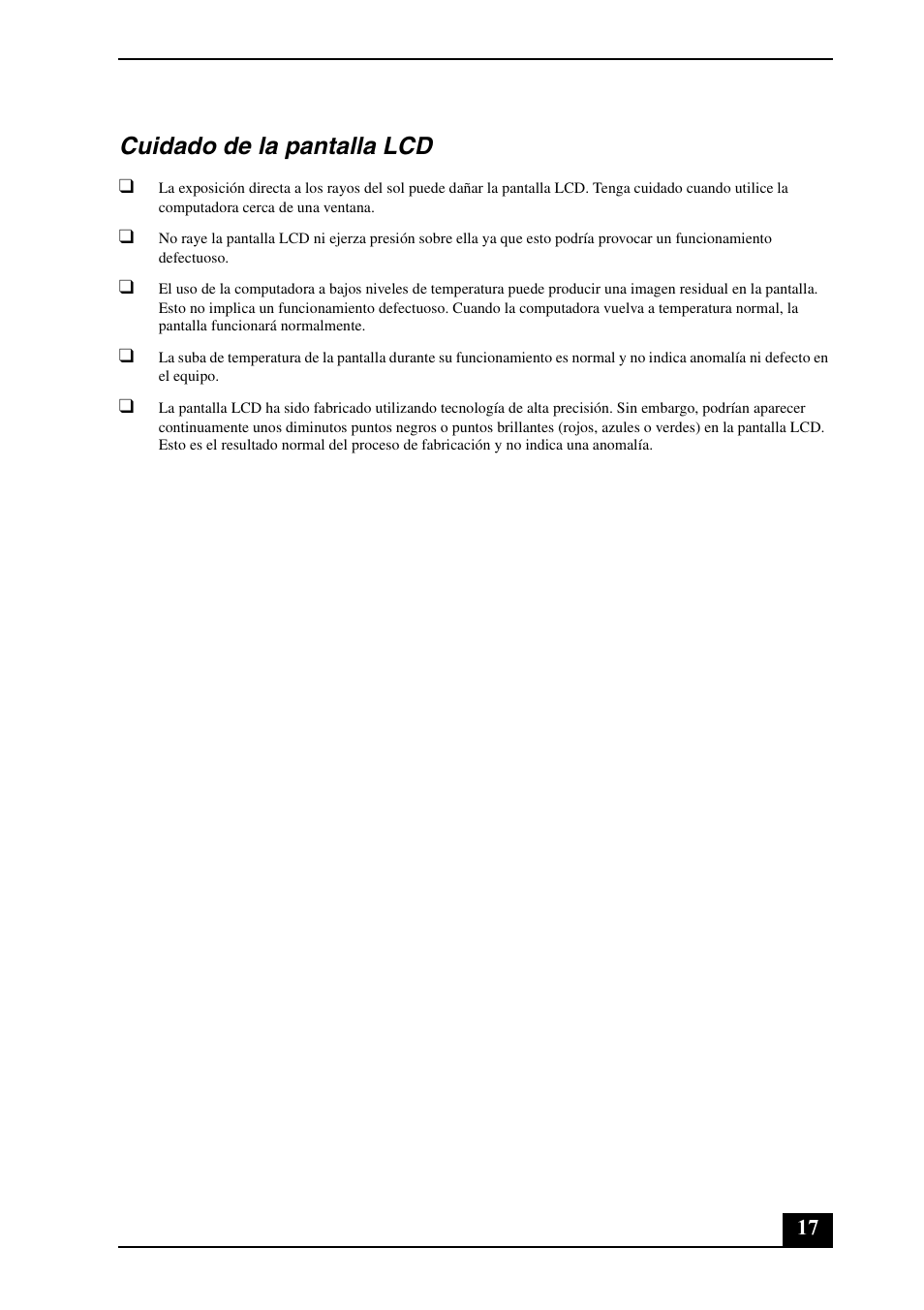 Cuidado de la pantalla lcd | Sony VGN-N350N User Manual | Page 17 / 20