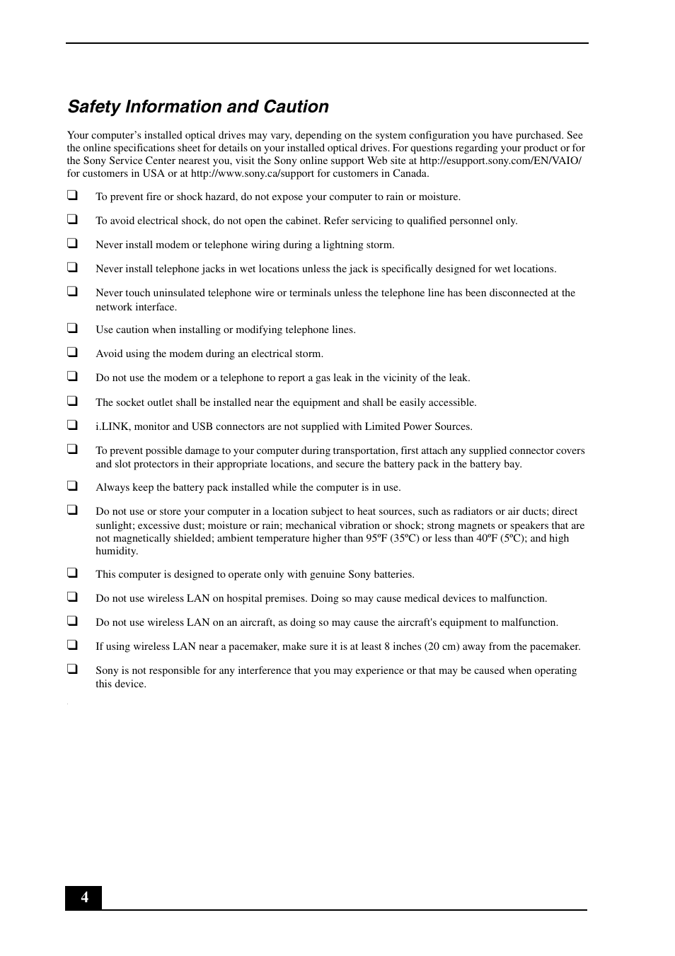 Safety information and caution | Sony VGN-N350N User Manual | Page 4 / 20