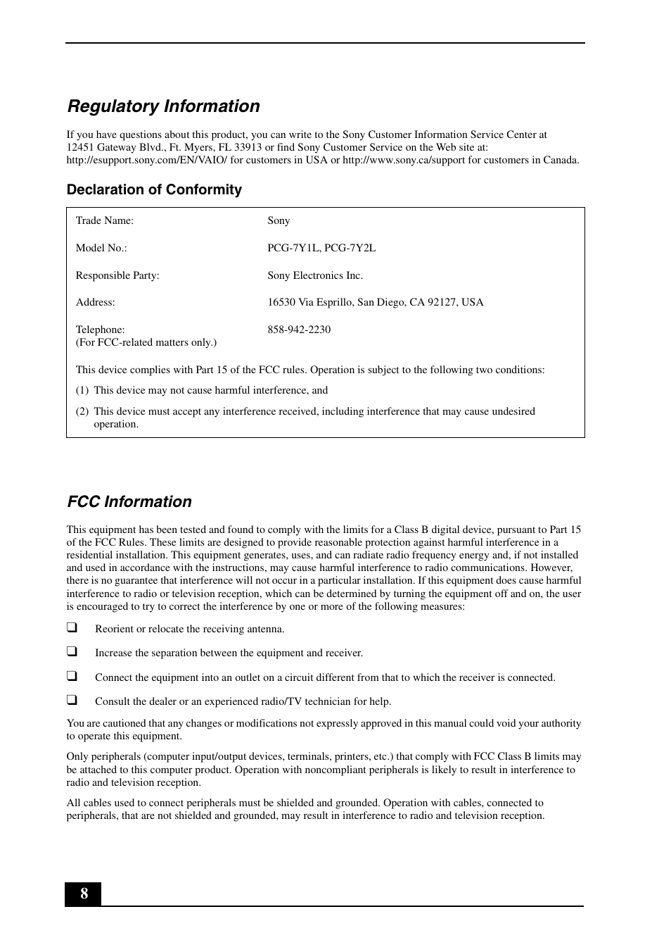 Regulatory information, Fcc information, Declaration of conformity | Sony VGN-N350N User Manual | Page 8 / 20