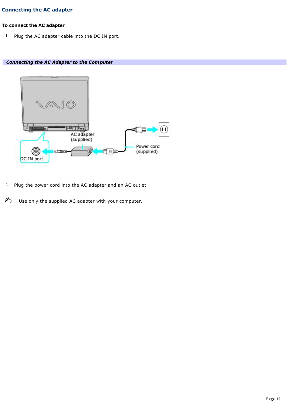 Connecting the ac adapter | Sony PCG-GRT270P User Manual | Page 10 / 208