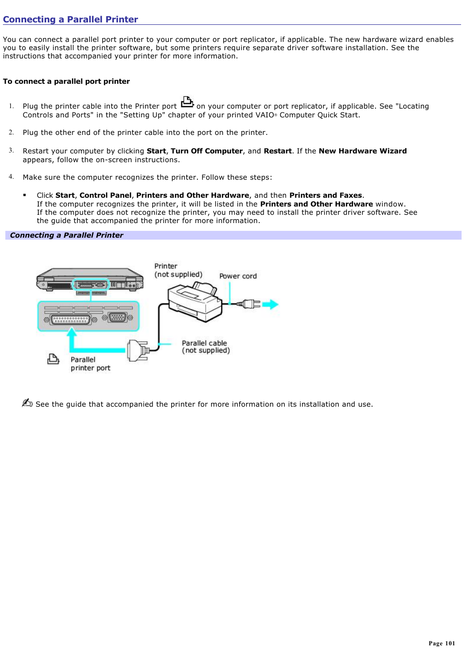 Connecting a parallel printer | Sony PCG-GRT270P User Manual | Page 101 / 208