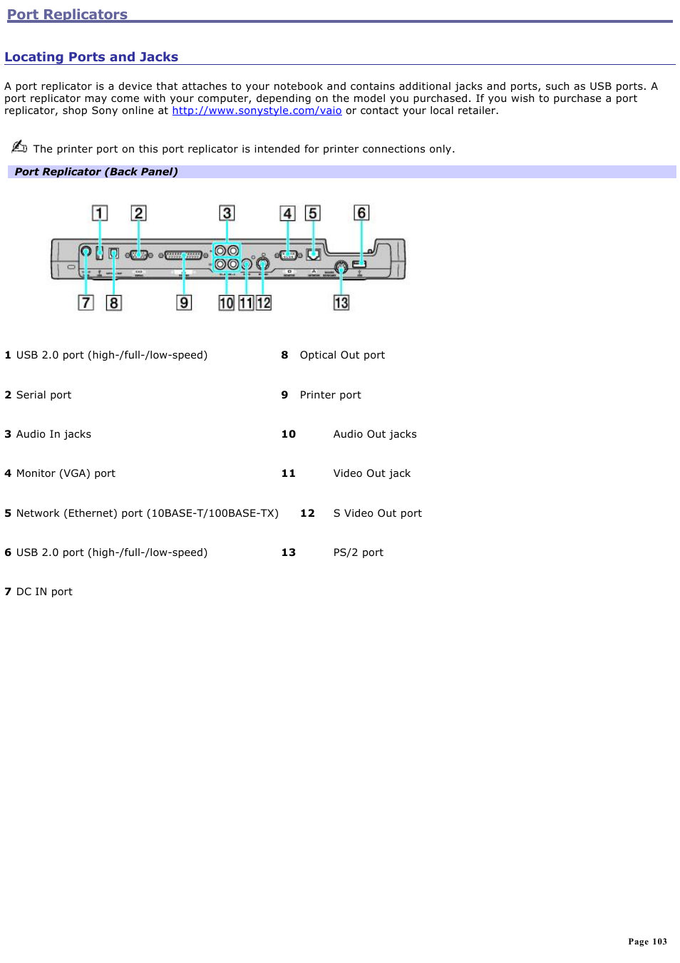 Locating ports and jacks, Port replicators | Sony PCG-GRT270P User Manual | Page 103 / 208