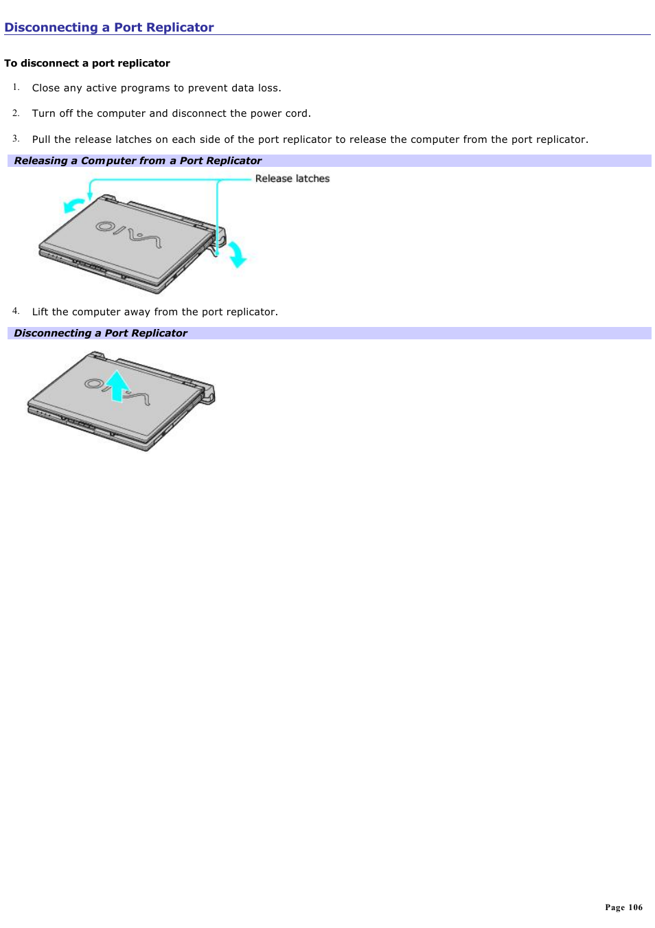 Disconnecting a port replicator | Sony PCG-GRT270P User Manual | Page 106 / 208