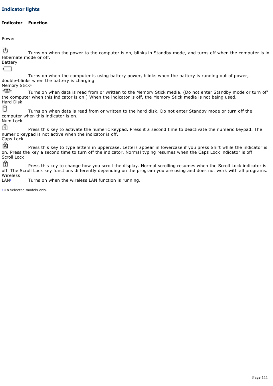 Indicator lights | Sony PCG-GRT270P User Manual | Page 111 / 208