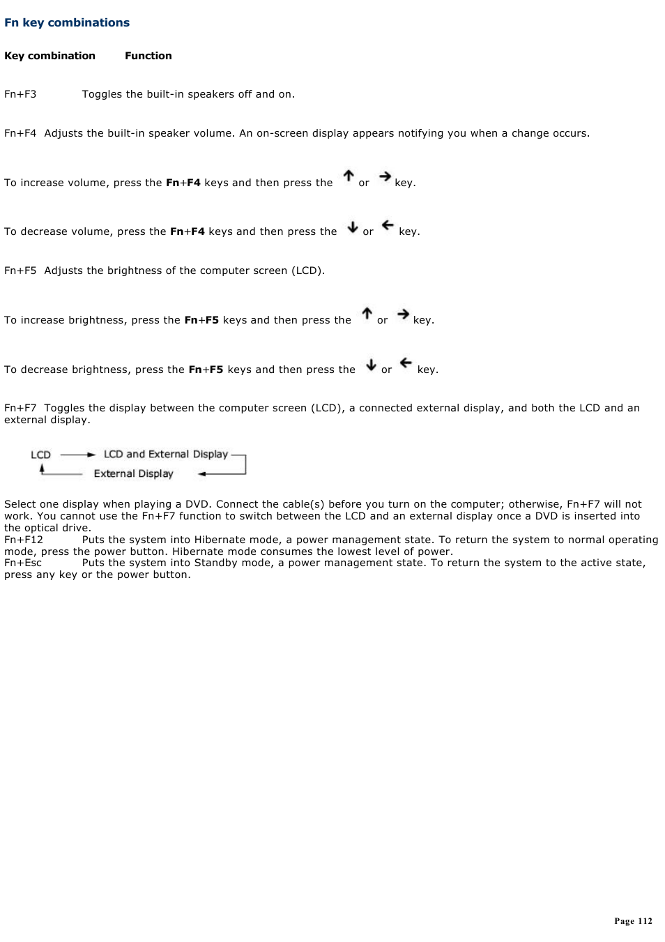 Fn key combinations | Sony PCG-GRT270P User Manual | Page 112 / 208