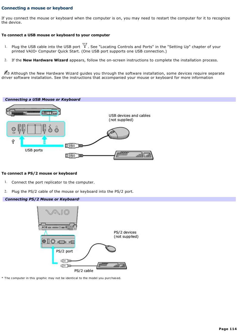 Connecting a mouse or keyboard | Sony PCG-GRT270P User Manual | Page 114 / 208