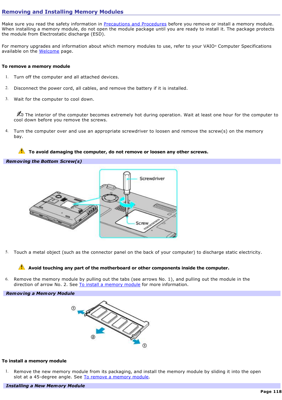 Removing and installing memory modules | Sony PCG-GRT270P User Manual | Page 118 / 208