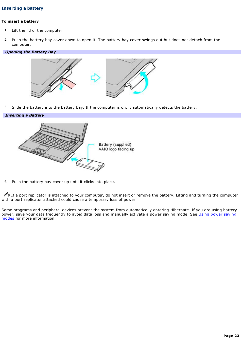 Inserting a battery | Sony PCG-GRT270P User Manual | Page 23 / 208