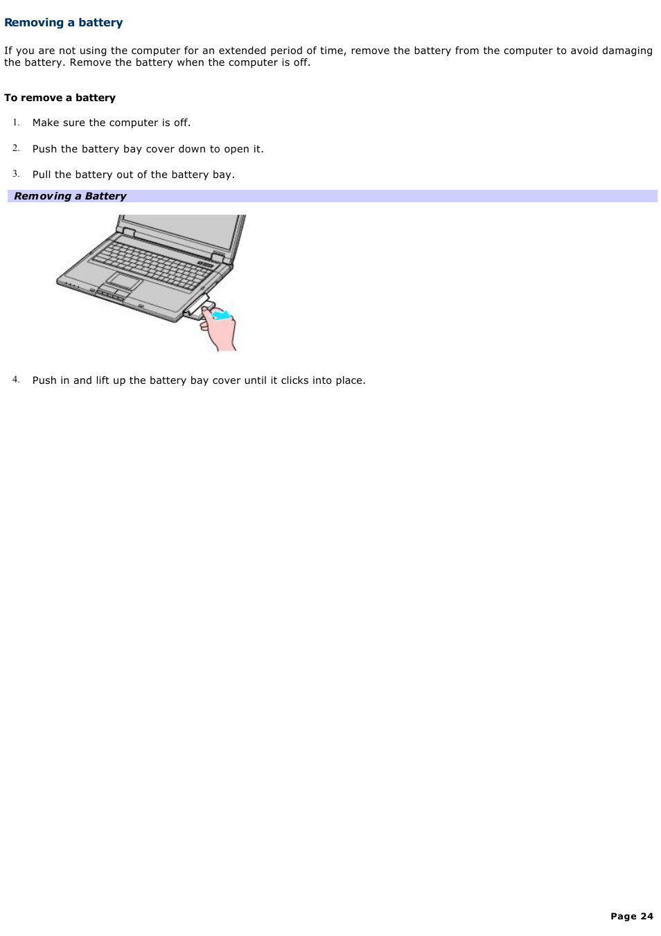 Removing a battery | Sony PCG-GRT270P User Manual | Page 24 / 208