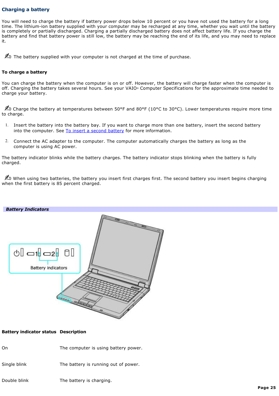 Charging a battery | Sony PCG-GRT270P User Manual | Page 25 / 208