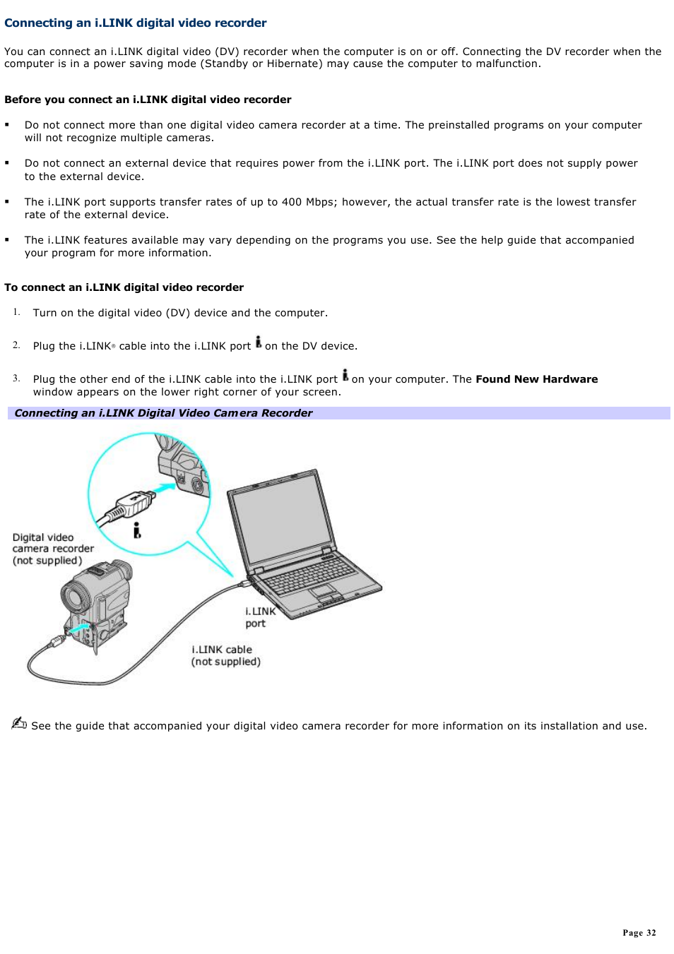 Connecting an i.link digital video recorder | Sony PCG-GRT270P User Manual | Page 32 / 208