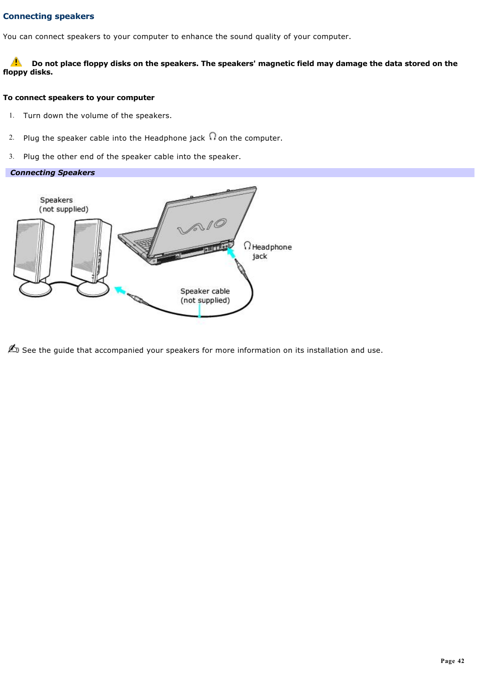 Connecting speakers | Sony PCG-GRT270P User Manual | Page 42 / 208