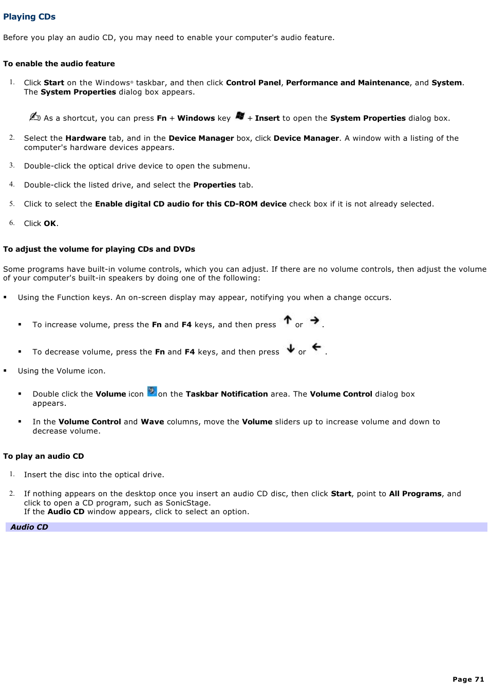 Playing cds | Sony PCG-GRT270P User Manual | Page 71 / 208