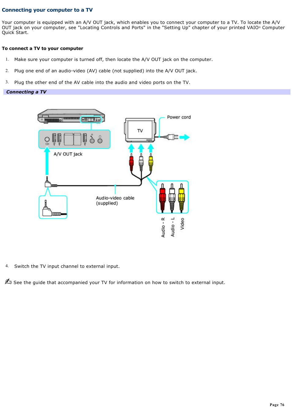 Connecting your computer to a tv | Sony PCG-GRT270P User Manual | Page 76 / 208