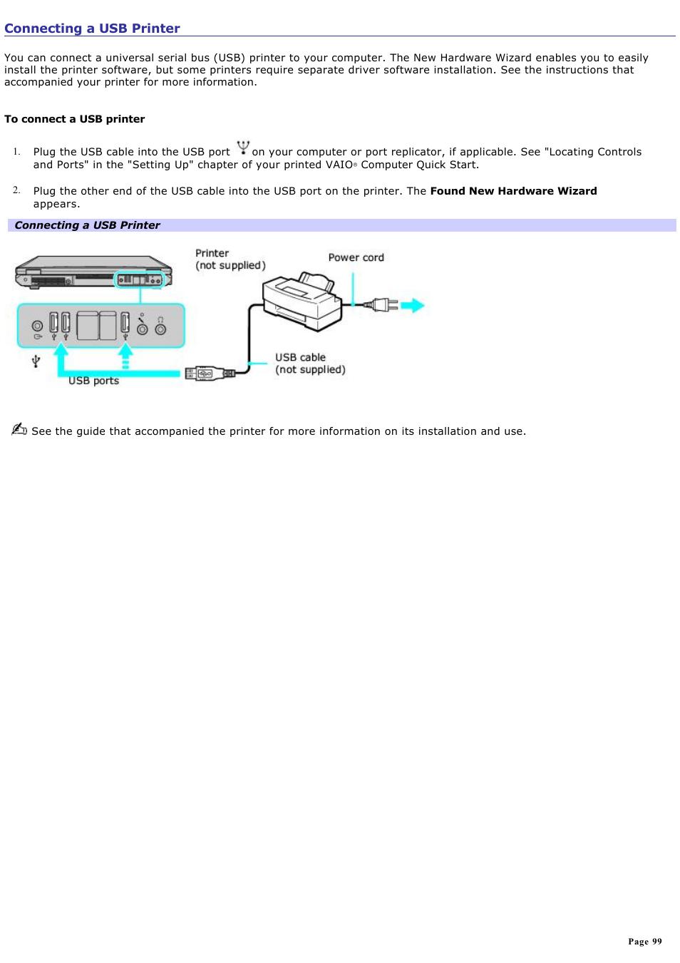 Connecting a usb printer | Sony PCG-GRT270P User Manual | Page 99 / 208