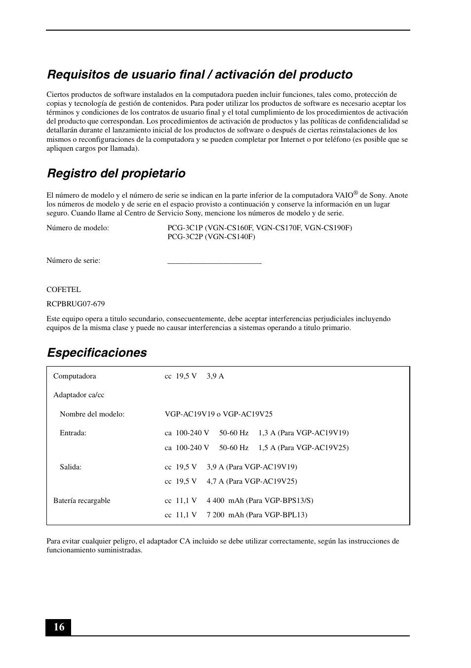 Registro del propietario, Especificaciones | Sony VGN-CS190NAB User Manual | Page 16 / 28