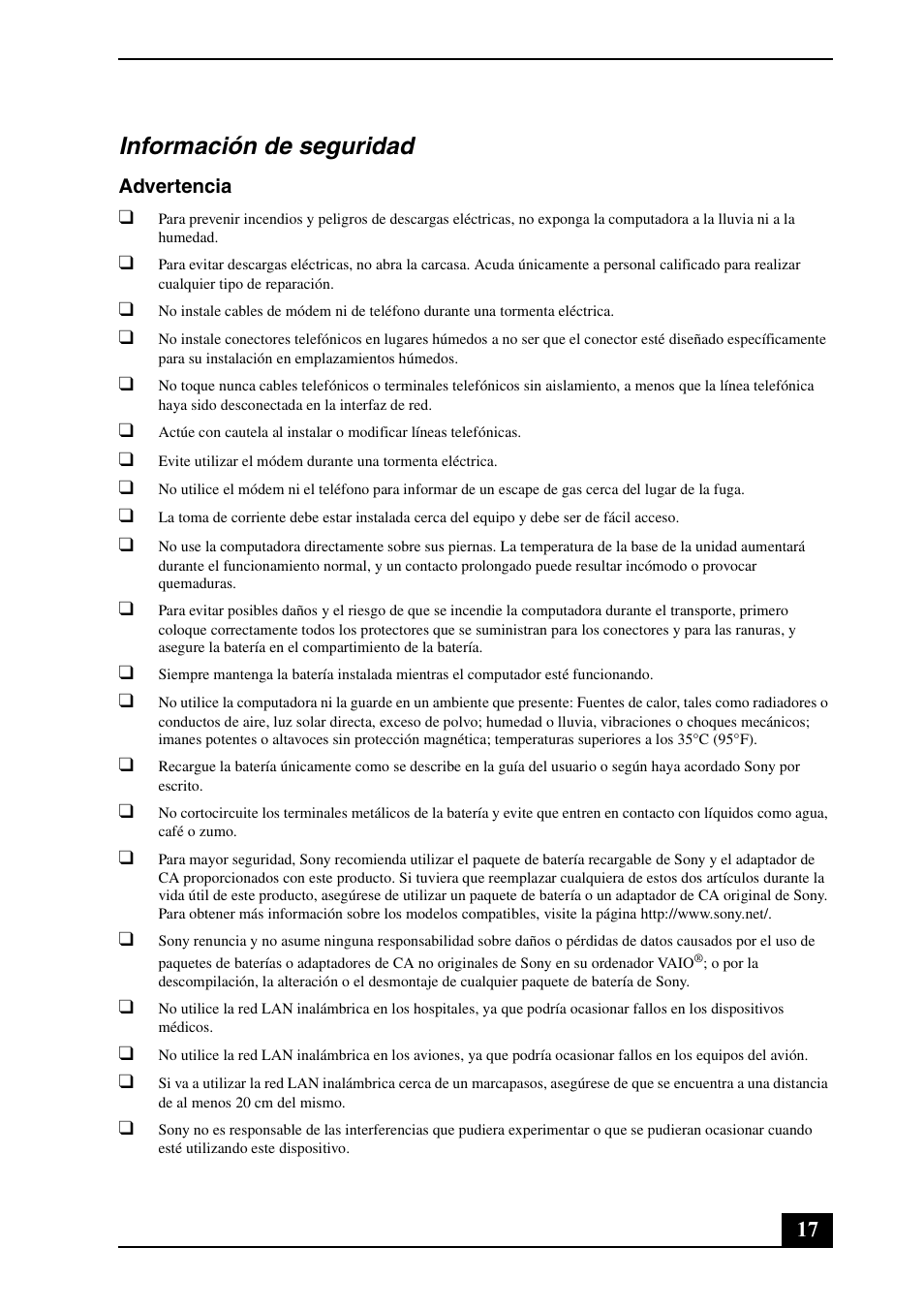 Información de seguridad | Sony VGN-CS190NAB User Manual | Page 17 / 28