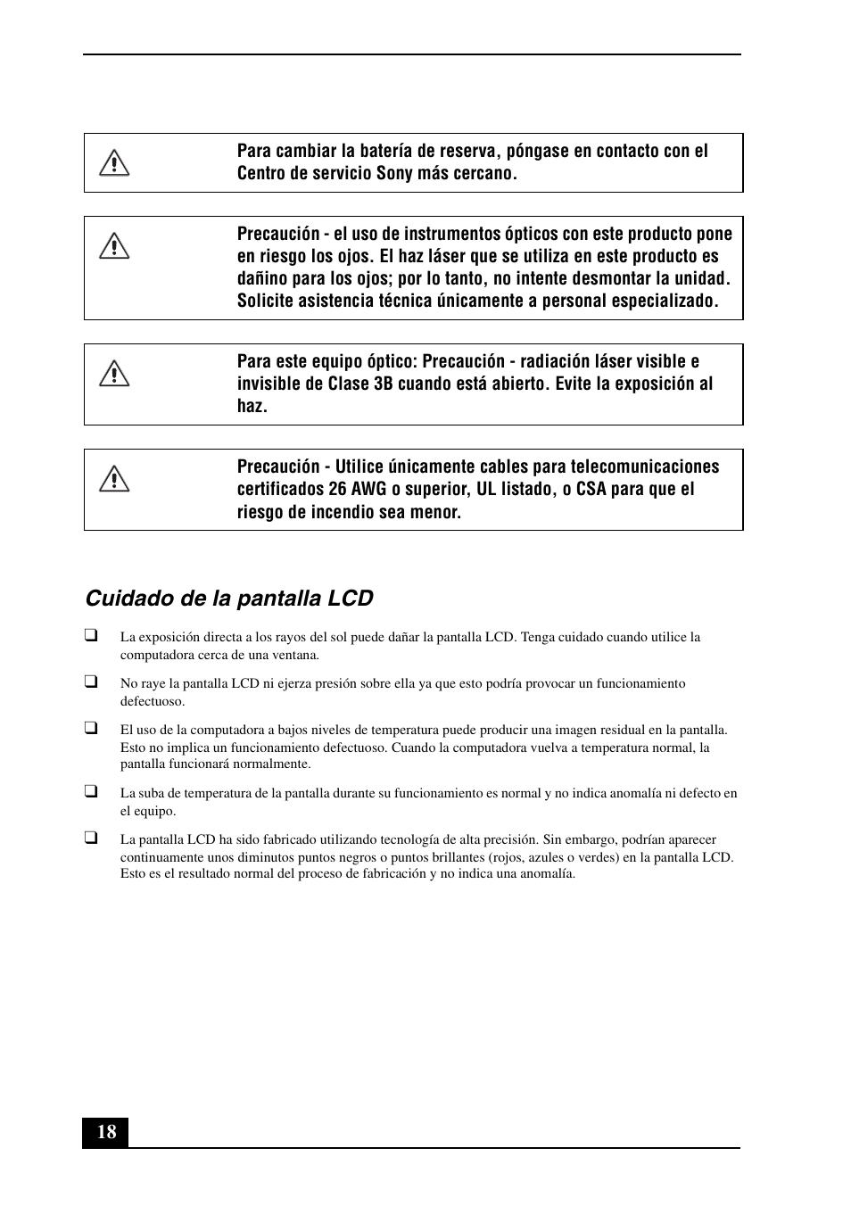 Cuidado de la pantalla lcd | Sony VGN-CS190NAB User Manual | Page 18 / 28