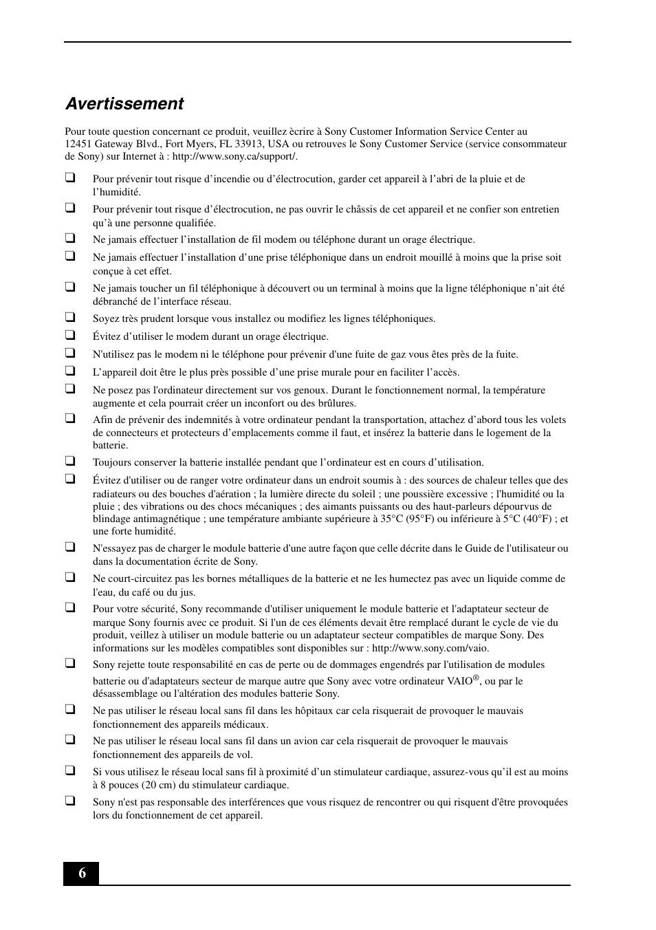 Avertissement | Sony VGN-CS190NAB User Manual | Page 6 / 28