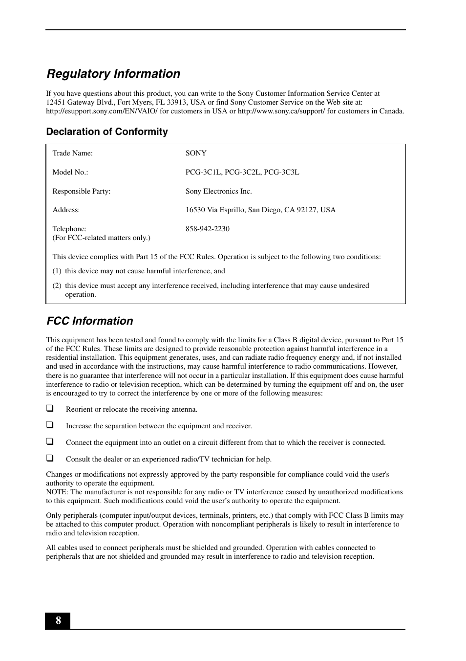 Regulatory information, Fcc information, Declaration of conformity | Sony VGN-CS190NAB User Manual | Page 8 / 28