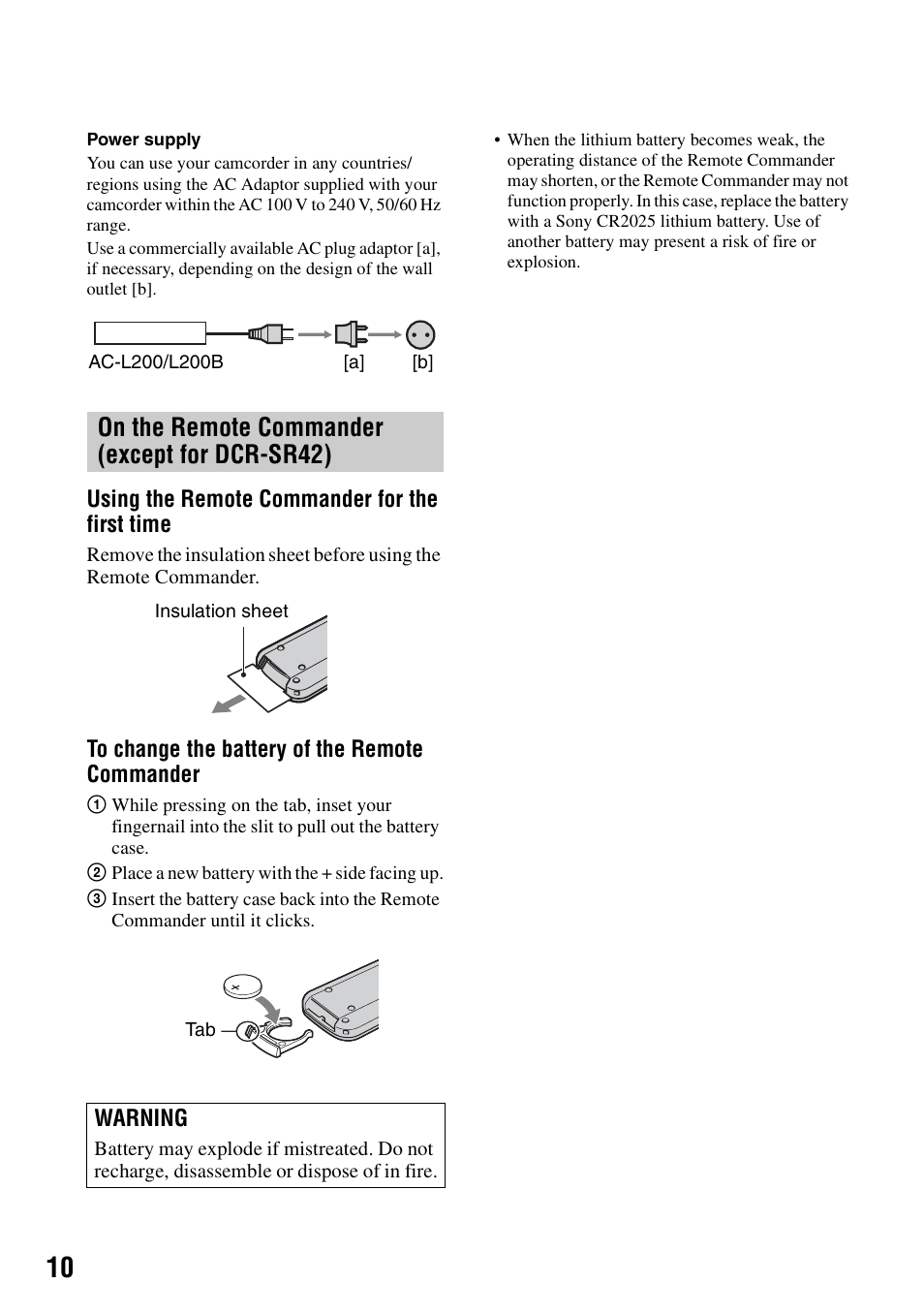 On the remote commander (except for dcr-sr42) | Sony DCR-SR62 User Manual | Page 10 / 40