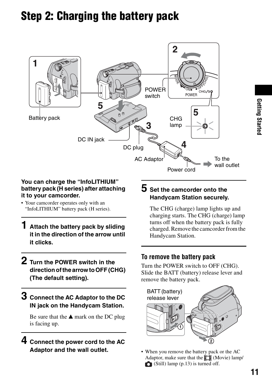 Step 2: charging the battery pack, P.11), 1) (p.11) | Fh40 (1) (p.11) (dcr-s, Fh60 (1) (p.11) (dcr-s | Sony DCR-SR62 User Manual | Page 11 / 40