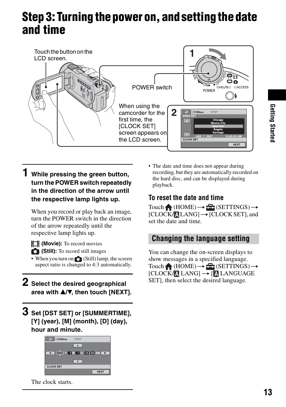 Changing the language setting, H (p.13), Y (p.13) | Sony DCR-SR62 User Manual | Page 13 / 40