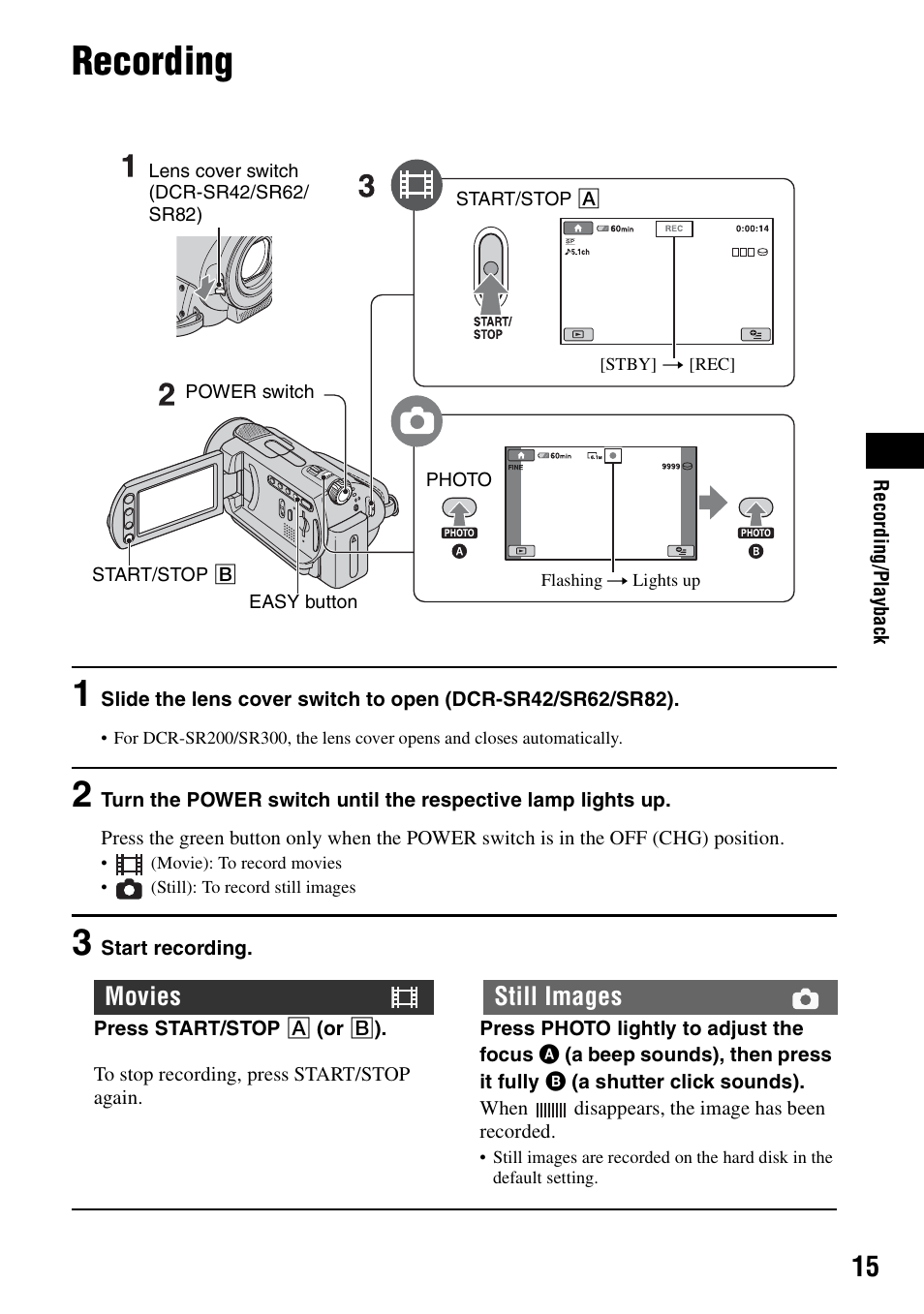 Recording/playback, Recording, Movies still images | Sony DCR-SR62 User Manual | Page 15 / 40