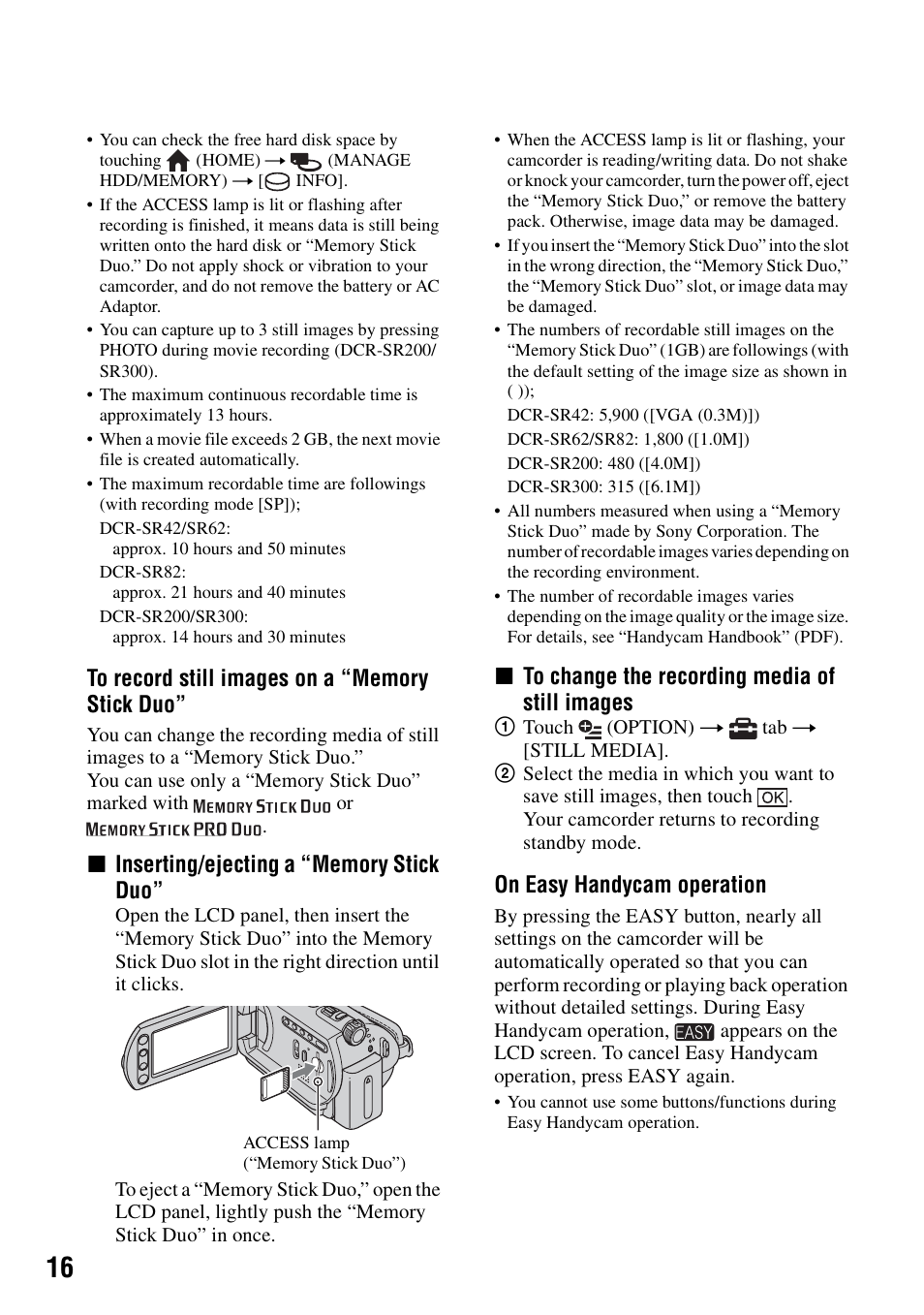 Xto change the recording media of still images, On easy handycam operation | Sony DCR-SR62 User Manual | Page 16 / 40