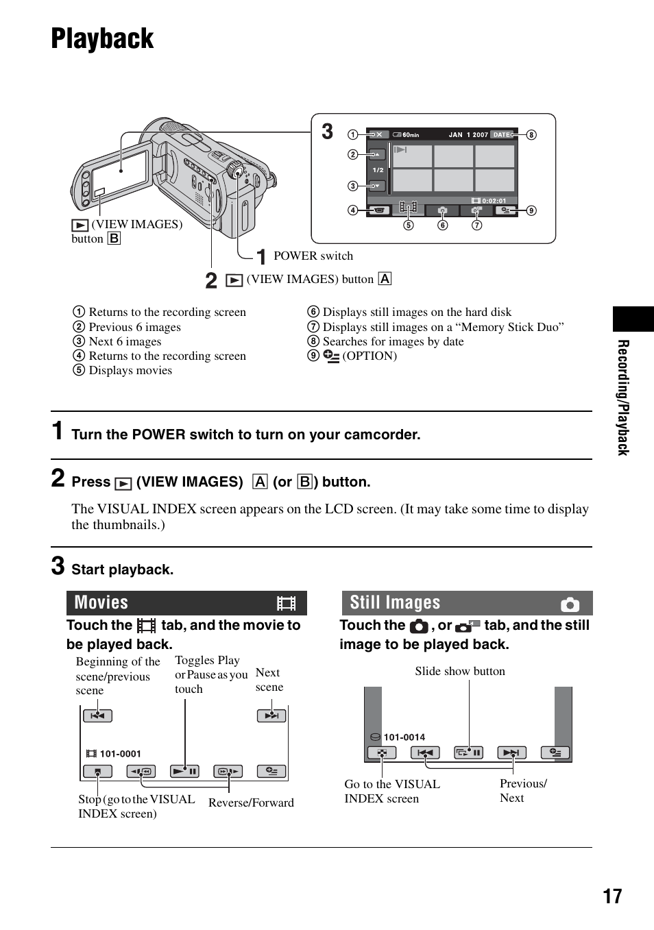 Playback, Movies still images | Sony DCR-SR62 User Manual | Page 17 / 40