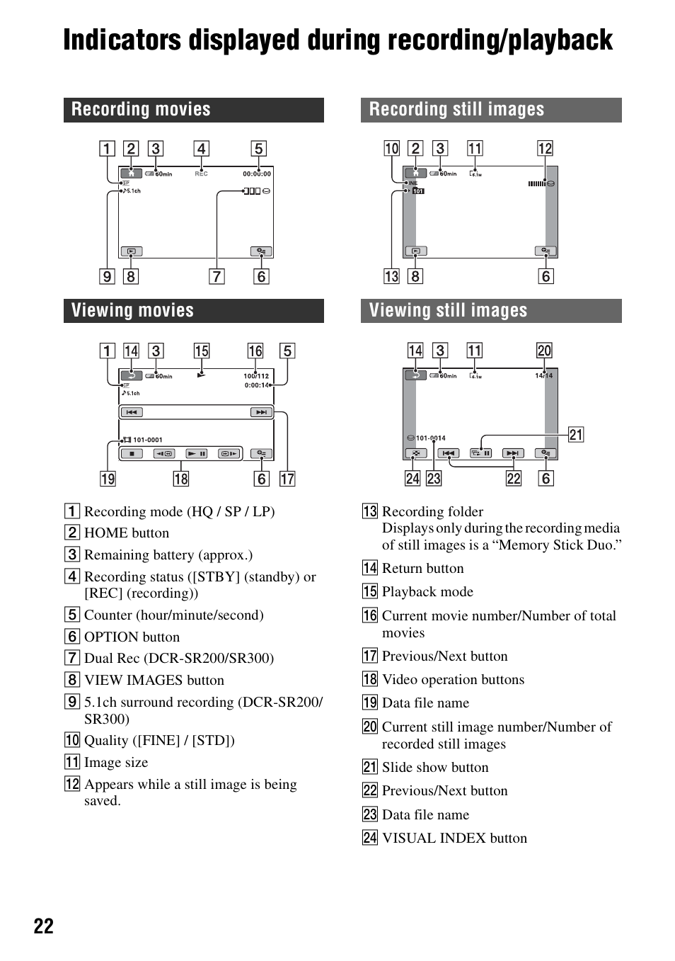 Indicators displayed during recording/playback | Sony DCR-SR62 User Manual | Page 22 / 40