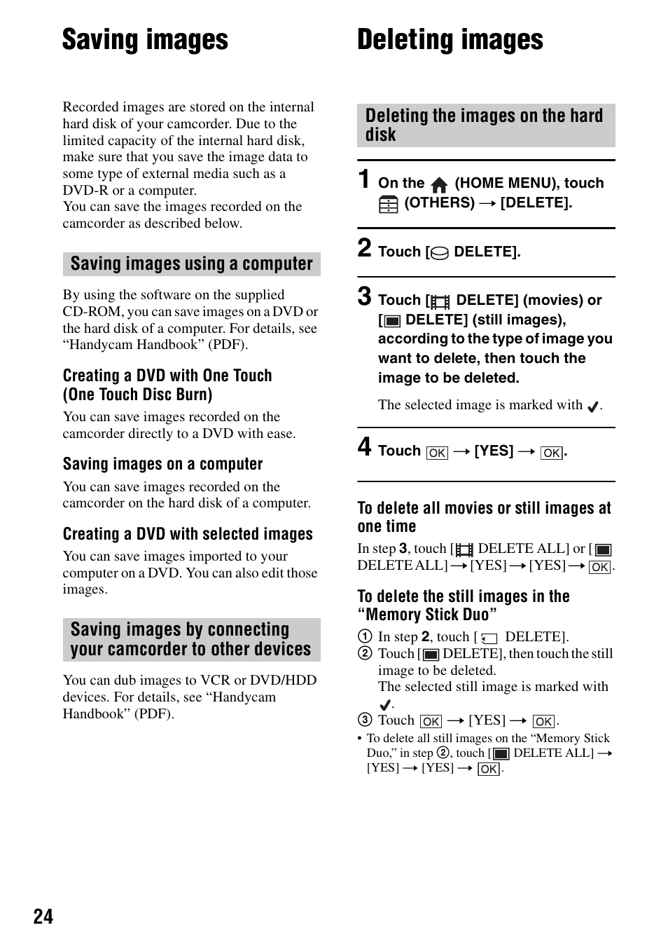 Saving images, Deleting images, Deleting the images on the hard disk | Sony DCR-SR62 User Manual | Page 24 / 40