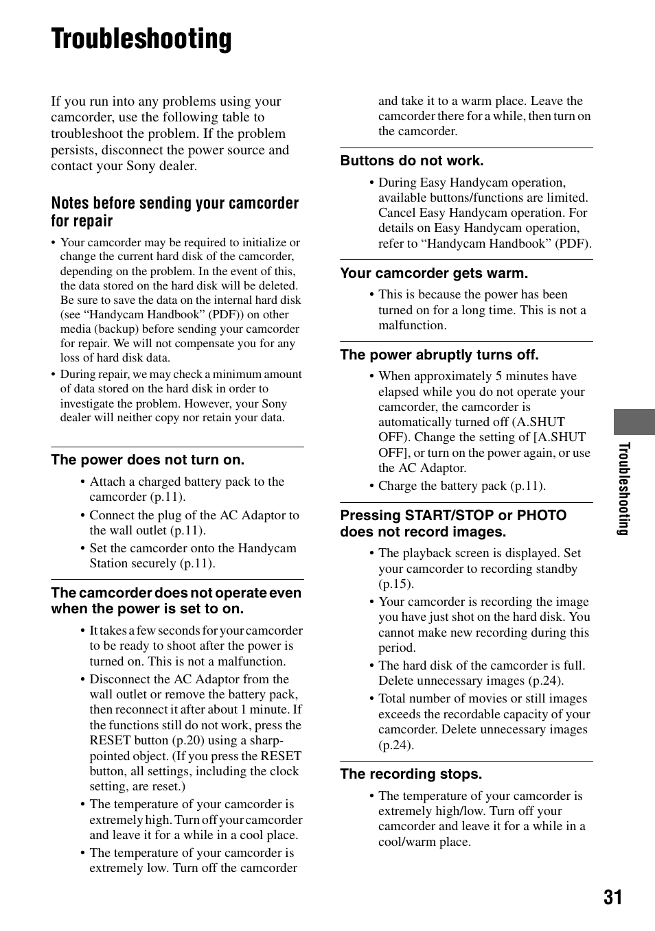 Troubleshooting | Sony DCR-SR62 User Manual | Page 31 / 40