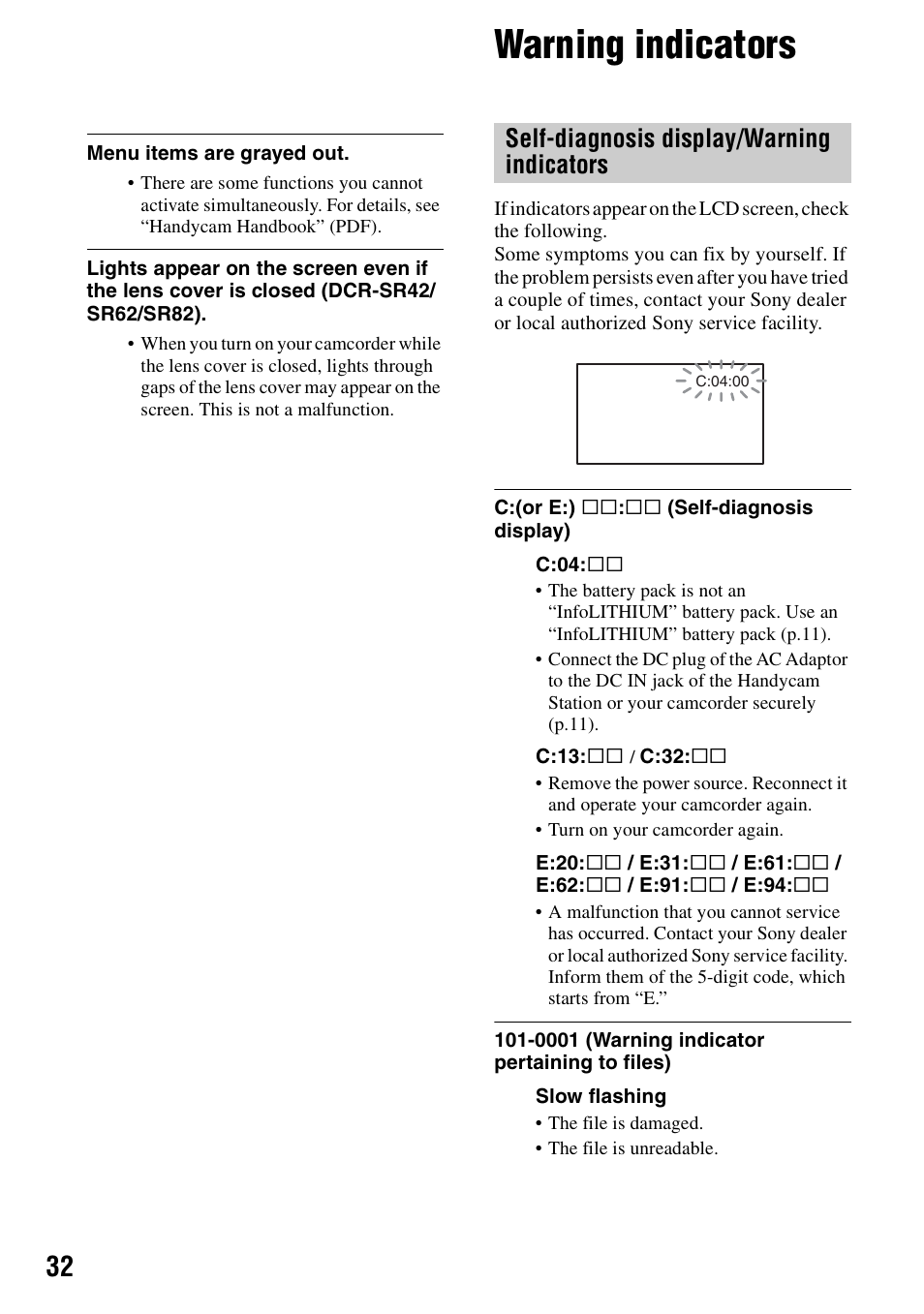 Warning indicators, P.32), Self-diagnosis display/warning indicators | Sony DCR-SR62 User Manual | Page 32 / 40