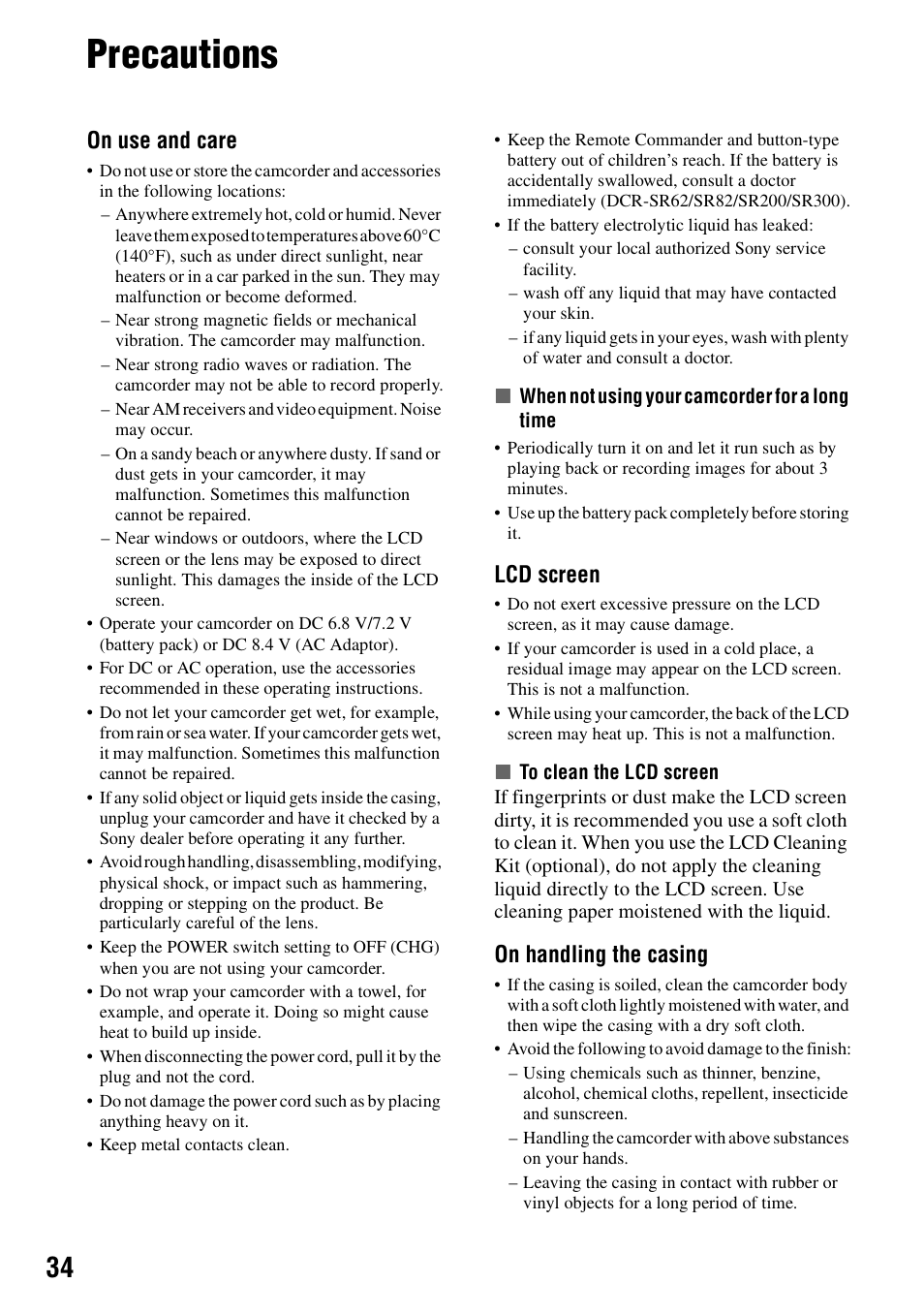 Additional information, Precautions, See “precautions” (p.34) | On use and care, Lcd screen, On handling the casing | Sony DCR-SR62 User Manual | Page 34 / 40